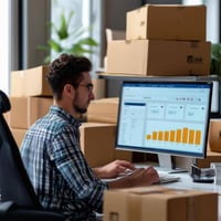 Ecommerce founder working at a laptop with boxes of inventory 