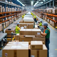 A busy ecommerce fulfilment warehouse with workers packing orders