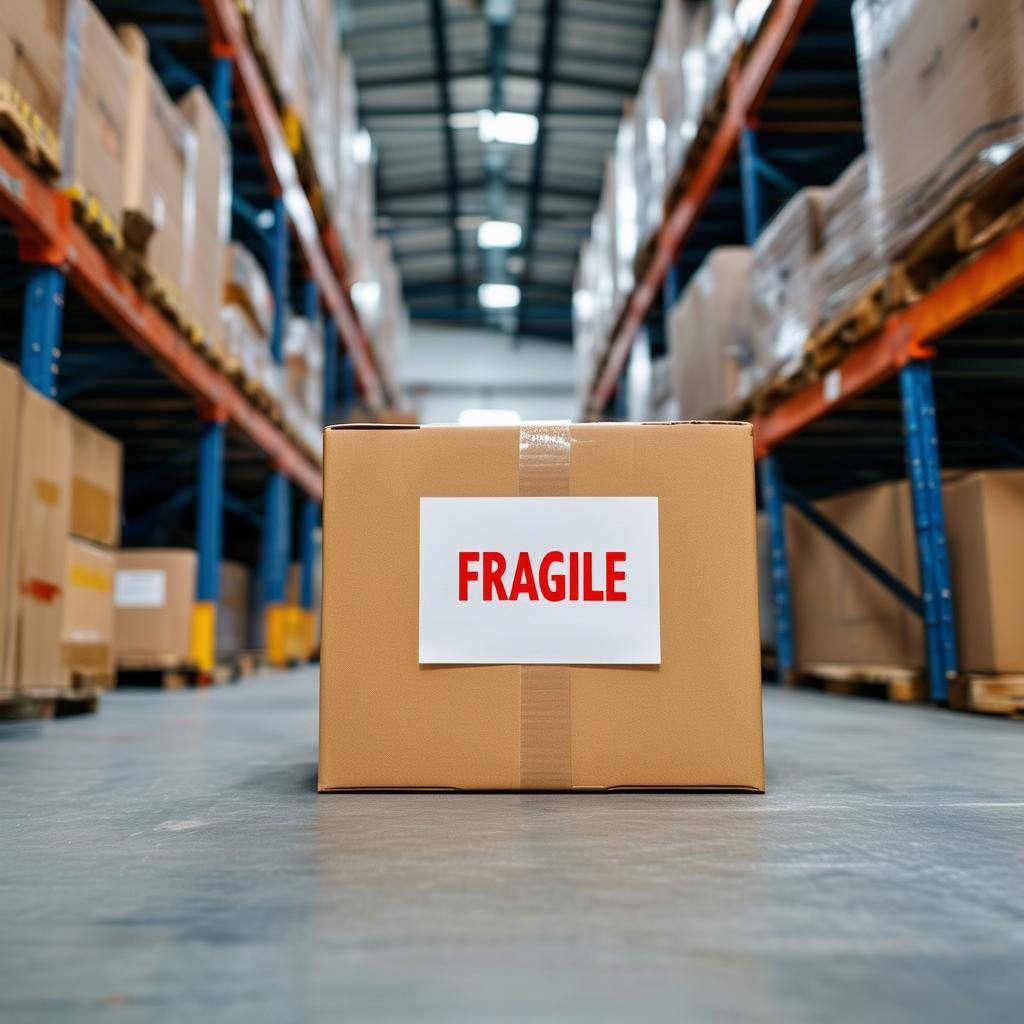 Box with fragile label in a warehouse